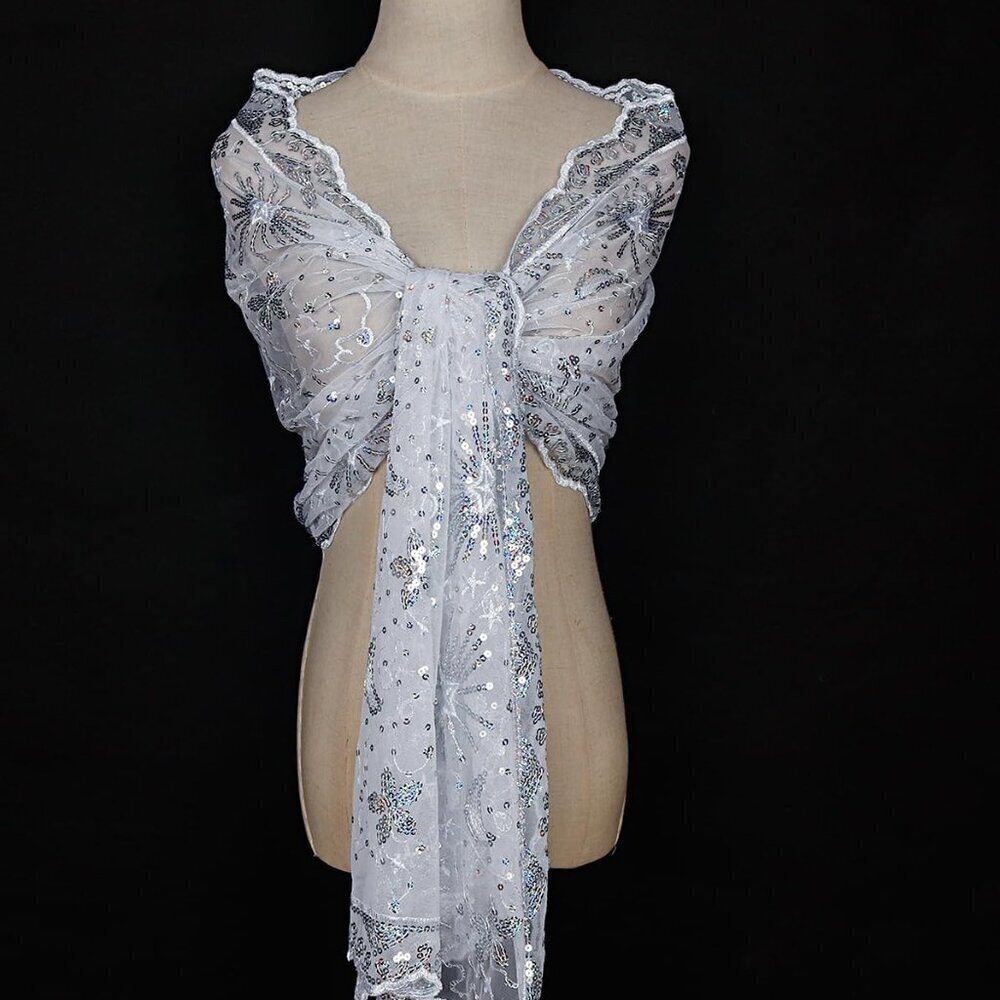 Women's Silver Sequin Mesh Wrap Scarf Shawl Evening Party Wrap 80 Characters - Picture 2 of 9